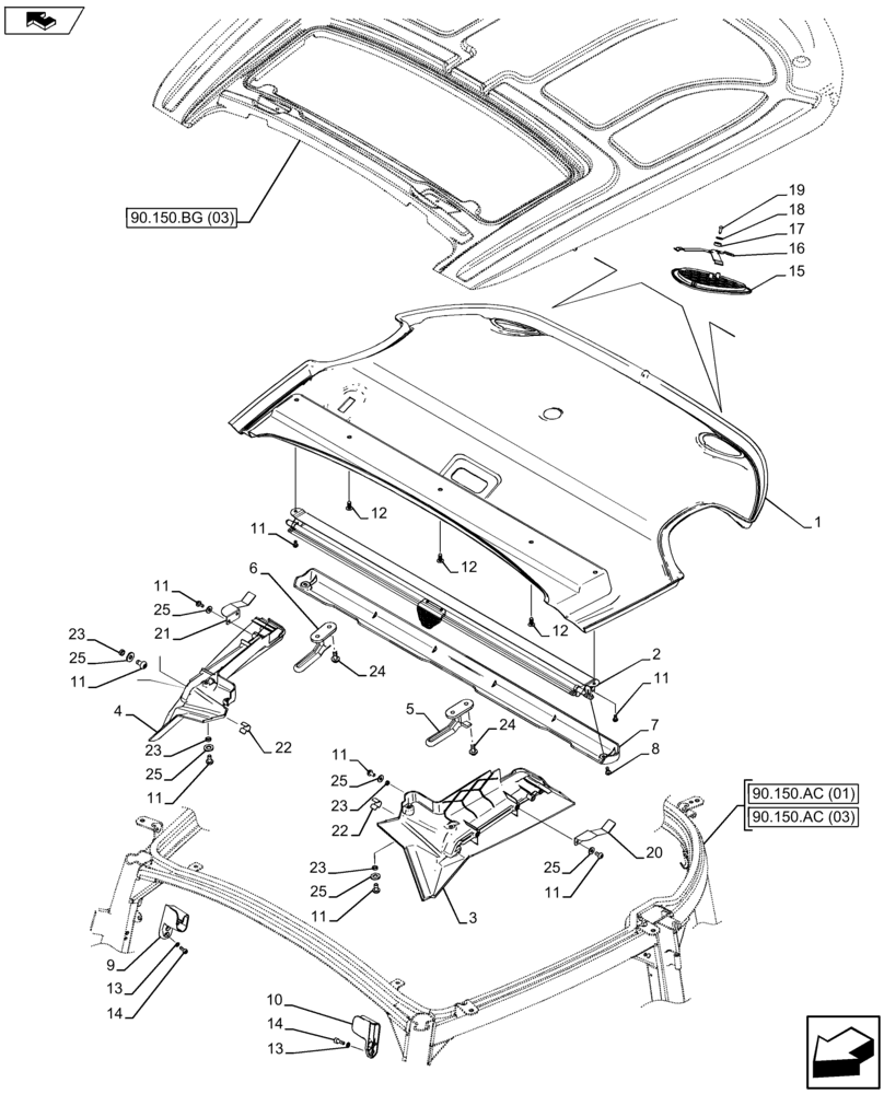 Схема запчастей Case IH FARMALL 105U - (90.151.AE) - VAR - 334144, 335683 - CAB ROOF, SOFT TRIM, SUN CURTAIN (90) - PLATFORM, CAB, BODYWORK AND DECALS