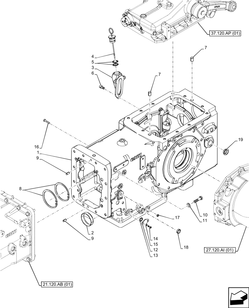Схема запчастей Case IH FARMALL 120C - (21.118.AF[02]) - VAR - 330581, 390328, 743559 - TRANSMISSION, DRIVE, HOUSING (21) - TRANSMISSION