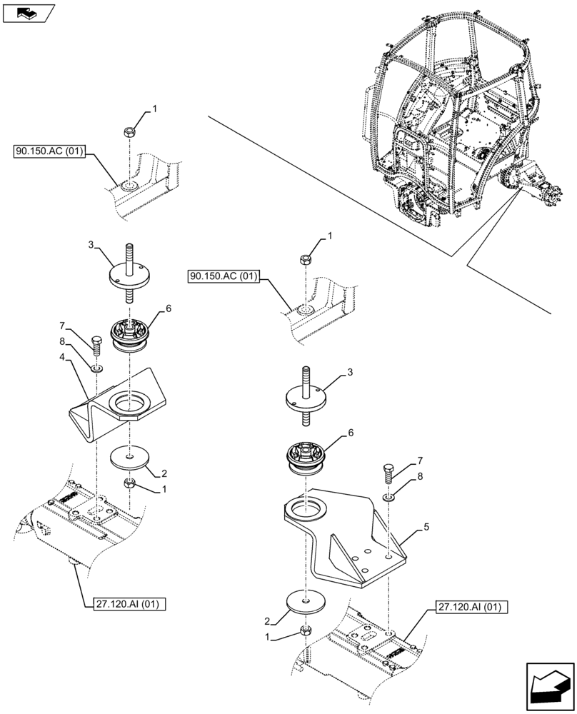 Схема запчастей Case IH FARMALL 105U - (90.150.BB[02]) - VAR - 335683 - CAB SUPPORT, REAR (90) - PLATFORM, CAB, BODYWORK AND DECALS
