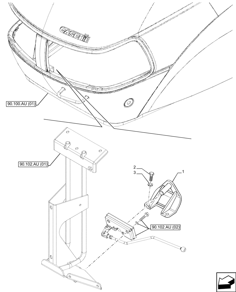 Схема запчастей Case IH FARMALL 120C - (90.102.AU[04]) - VAR - 334216, 334218 - HOOD, LATCH (90) - PLATFORM, CAB, BODYWORK AND DECALS