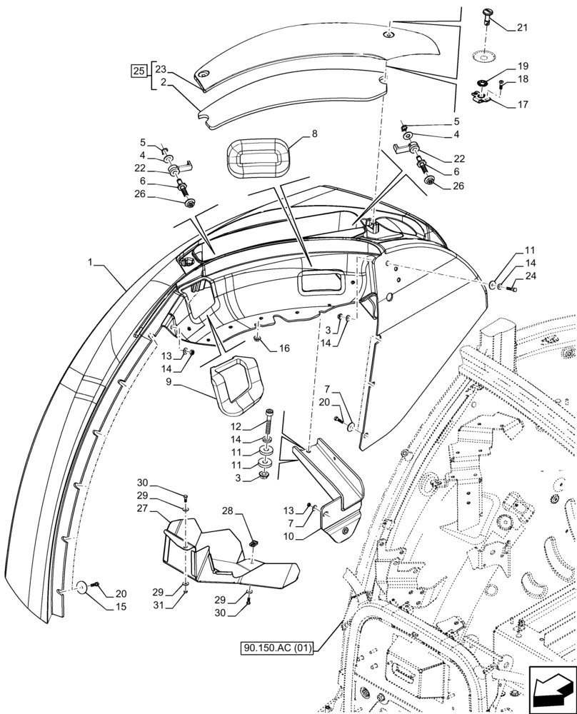 Схема запчастей Case IH FARMALL 120C - (90.116.AC[07]) - VAR - 743599, 744599 - REAR FENDER, HI-LO, CAB (EDC) (90) - PLATFORM, CAB, BODYWORK AND DECALS