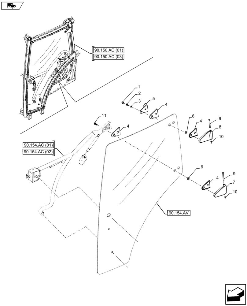 Схема запчастей Case IH FARMALL 115U - (90.154.AE) - VAR - 334144, 335683 - CAB DOOR, HINGE (90) - PLATFORM, CAB, BODYWORK AND DECALS