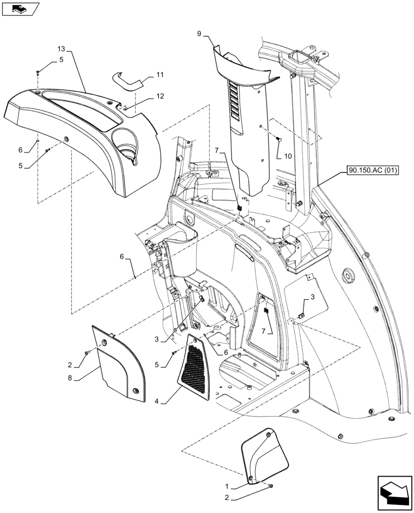 Схема запчастей Case IH FARMALL 115U - (90.160.AM[01]) - VAR - 332865 - CAB INTERIOR TRIM (90) - PLATFORM, CAB, BODYWORK AND DECALS