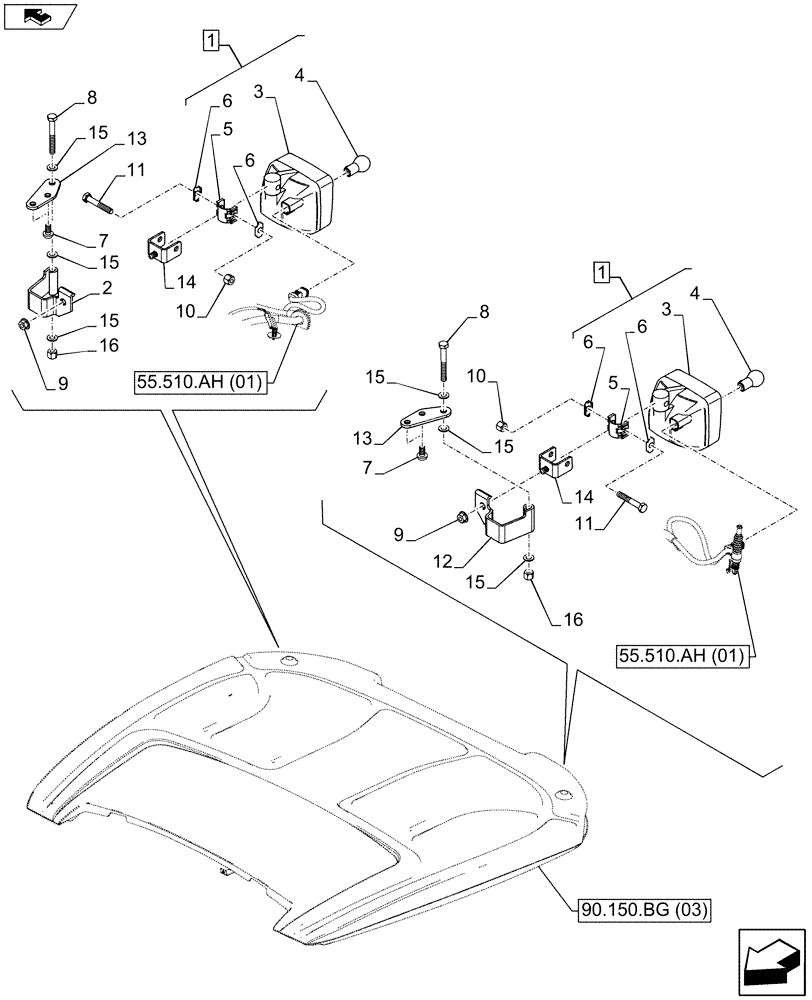 Схема запчастей Case IH FARMALL 115U - (55.404.BS[01]) - VAR - 334150, 334152 - WORK LIGHT, ROOF-MOUNTED (55) - ELECTRICAL SYSTEMS