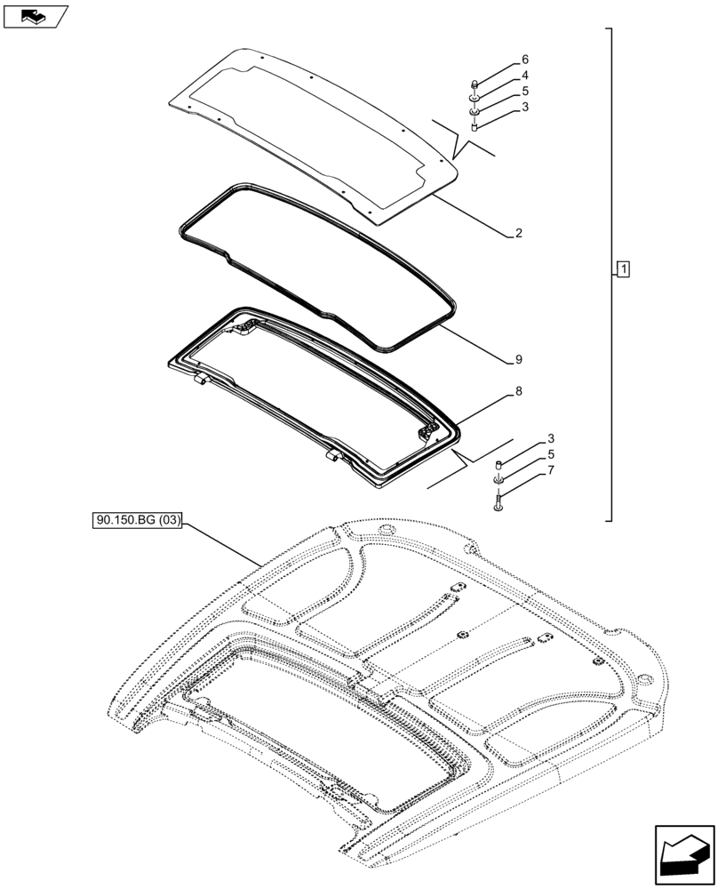Схема запчастей Case IH FARMALL 105U - (90.156.AY) - VAR - 334144, 335683 - ROOF, HATCH, WINDOW (90) - PLATFORM, CAB, BODYWORK AND DECALS