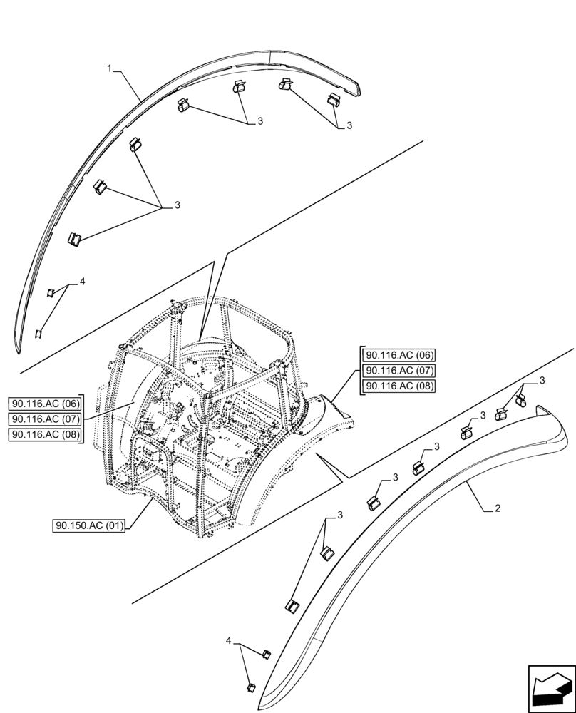 Схема запчастей Case IH FARMALL 120C - (90.116.AC[09]) - VAR - 744599 - REAR FENDER EXTENSION, SHORT (90) - PLATFORM, CAB, BODYWORK AND DECALS