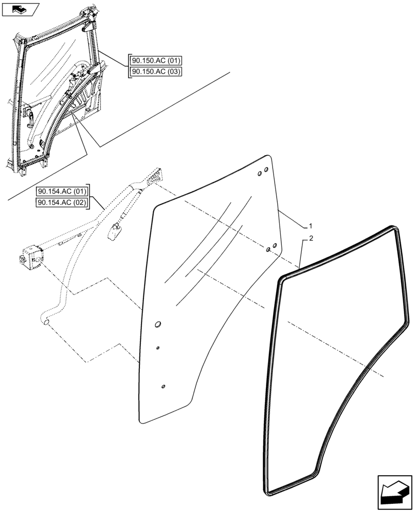 Схема запчастей Case IH FARMALL 105U - (90.154.AV) - VAR - 334144, 335683 - CAB DOOR, GLASS (90) - PLATFORM, CAB, BODYWORK AND DECALS