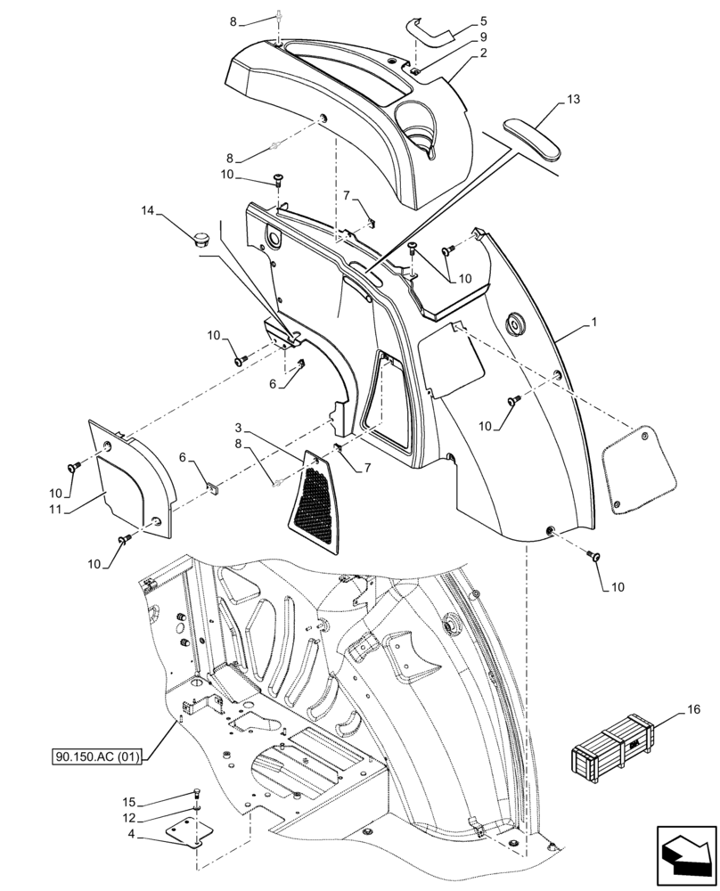 Схема запчастей Case IH FARMALL 120C - (90.160.AM[01]) - VAR - 336125, 338125, 336780, 390124 - CAB, TRIM, LH (90) - PLATFORM, CAB, BODYWORK AND DECALS