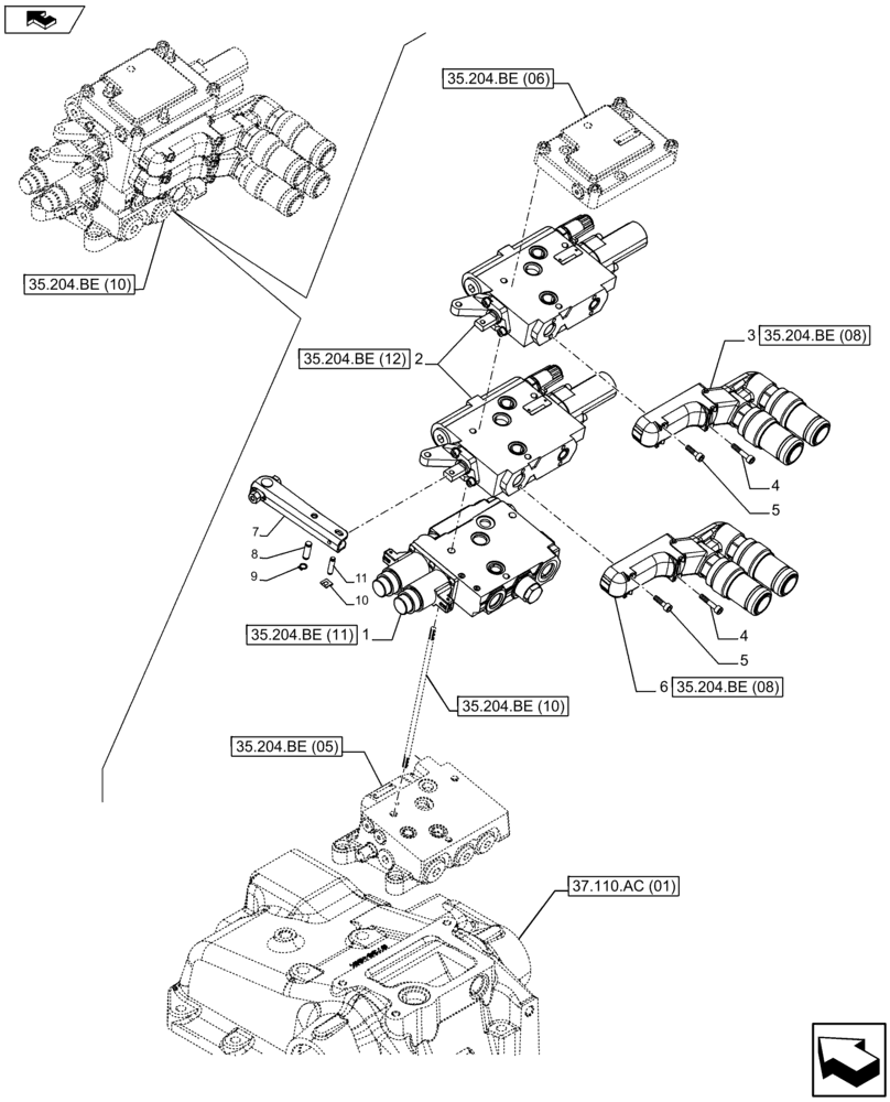 Схема запчастей Case IH FARMALL 115U - (35.204.BE[09]) - VAR - 330849 - REMOTE CONTROL VALVE, BLOCK, COMPONENTS (2 REMOTES) (35) - HYDRAULIC SYSTEMS