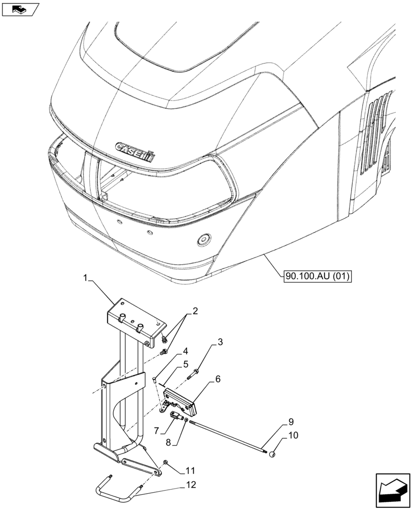 Схема запчастей Case IH FARMALL 115U - (90.102.AU) - VAR - 390500 - HOOD, LATCH (90) - PLATFORM, CAB, BODYWORK AND DECALS