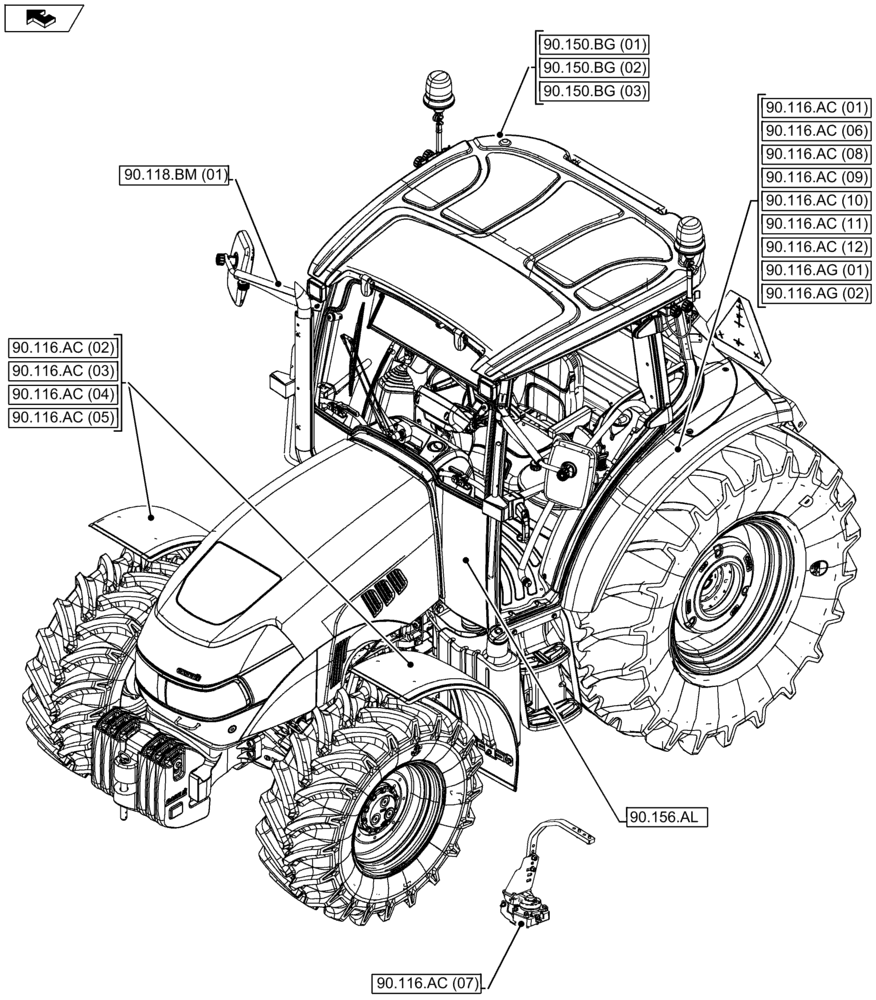 Схема запчастей Case IH FARMALL 105U - (90.000.00[03]) - SECTION INDEX - PLATFORM, CAB, BODYWORK & DECALS (90) - PLATFORM, CAB, BODYWORK AND DECALS