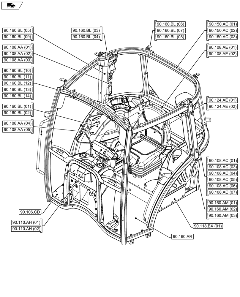 Схема запчастей Case IH FARMALL 105U - (90.000.00[02]) - SECTION INDEX - PLATFORM, CAB, BODYWORK & DECALS (90) - PLATFORM, CAB, BODYWORK AND DECALS