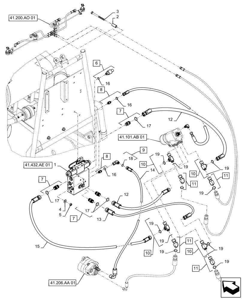 Схема запчастей Case IH TITAN 4040 - (41.432.AC[01]) - AUTOGUIDANCE HYDRAULIC LINES (41) - STEERING