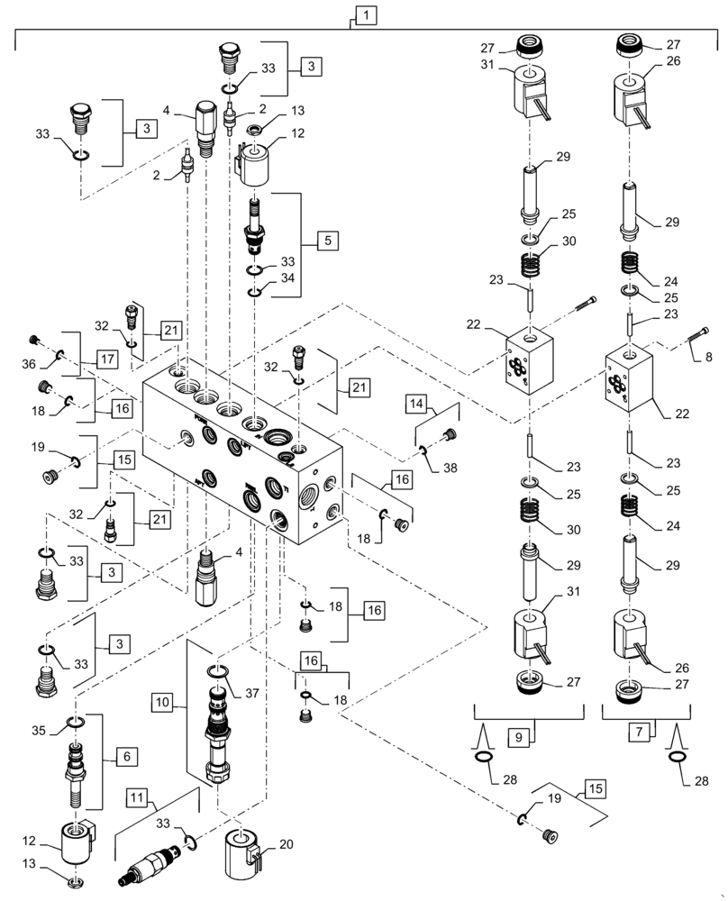 Схема запчастей Case IH 7130 - (35.204.19) - VALVE ASSEMBLY- LATERAL TILT FEEDER (35) - HYDRAULIC SYSTEMS