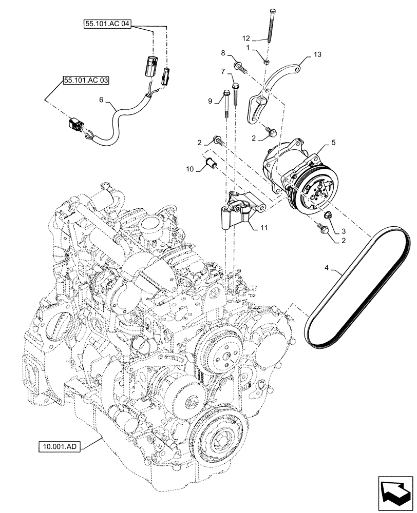 Схема запчастей Case IH SR270 - (50.200.AA) - A/C COMPRESSOR MOUNTING (50) - CAB CLIMATE CONTROL