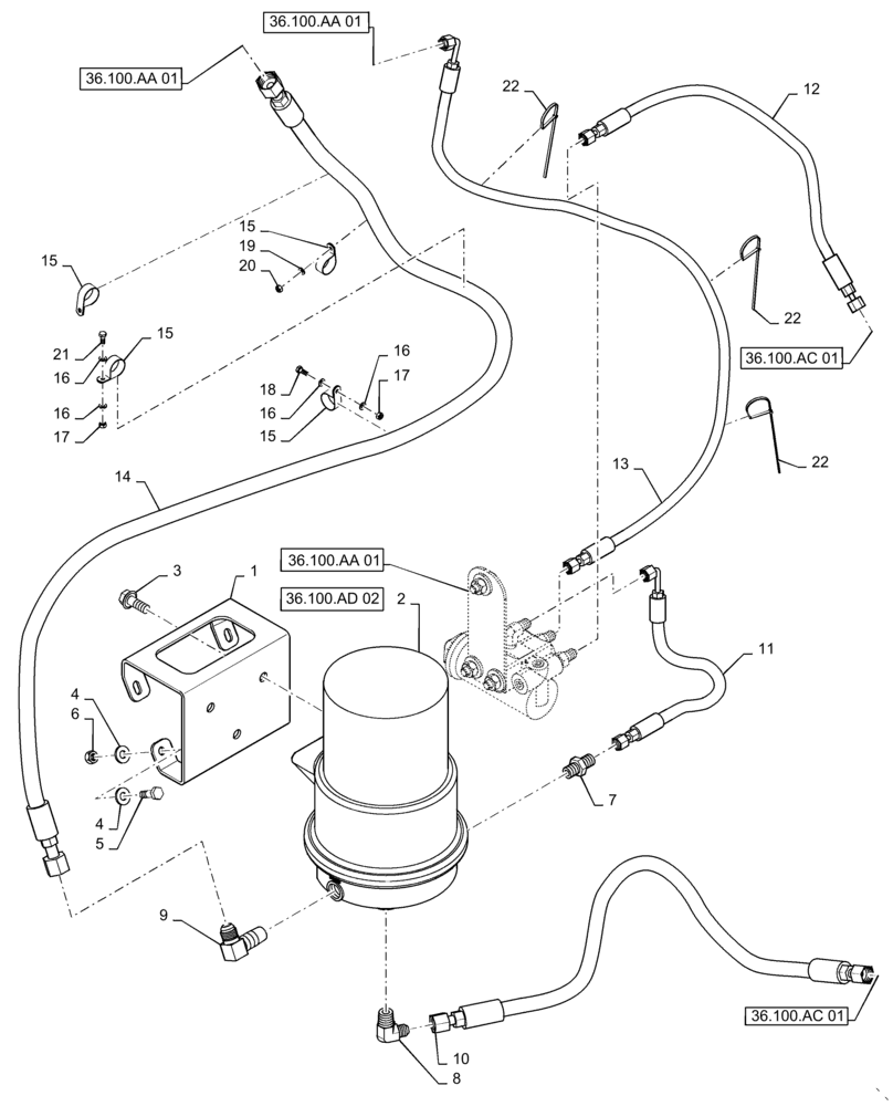 Схема запчастей Case IH TITAN 4540 - (36.100.AD[01]) - AIR DRYER LINES AND MOUNTING, 4 WHL (36) - PNEUMATIC SYSTEM