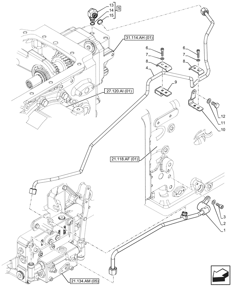 Схема запчастей Case IH FARMALL 110C - (21.134.AM[06]) - VAR - 340101, 340102, 340103 - TRANSMISSION CONTROL VALVE, POWERSHUTTLE, LINE (21) - TRANSMISSION