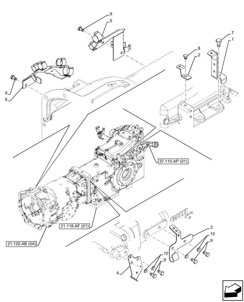 Схема запчастей Case IH FARMALL 90C - (21.120.AB[05]) - GEARBOX, HOUSING, BRACKET (21) - TRANSMISSION