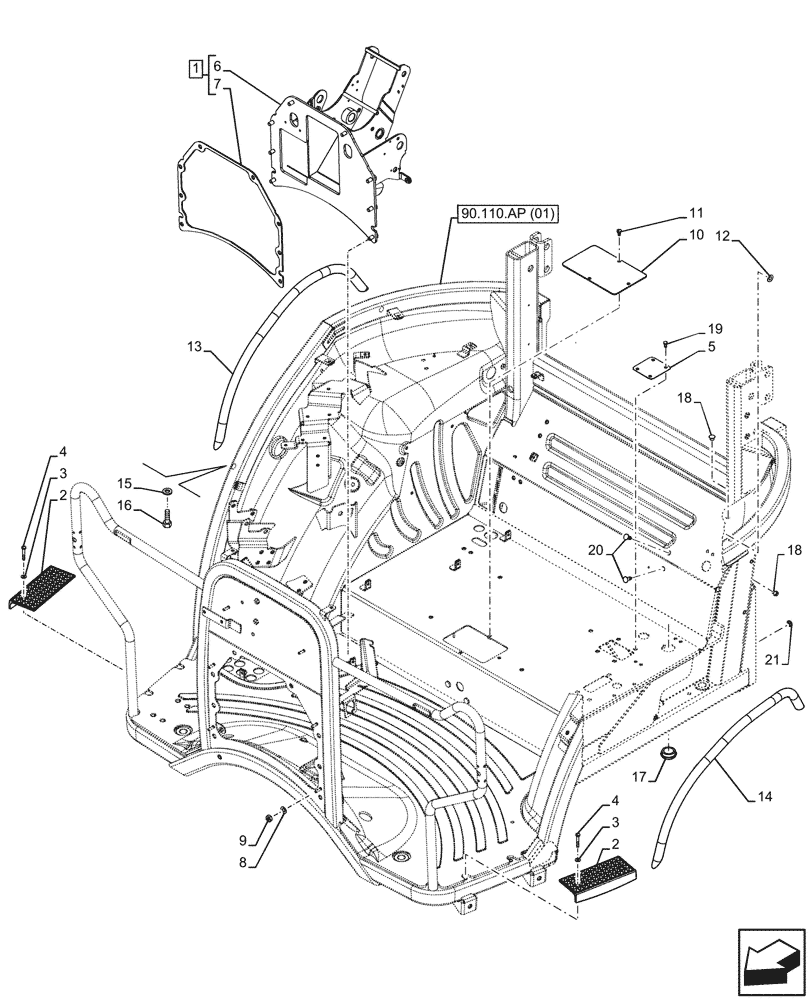 Схема запчастей Case IH FARMALL 120C - (90.110.AP[02]) - VAR - 334187, 334190, 392315 - PLATFORM, SPARK ARRESTER, HANDLE, W/O CAB (90) - PLATFORM, CAB, BODYWORK AND DECALS