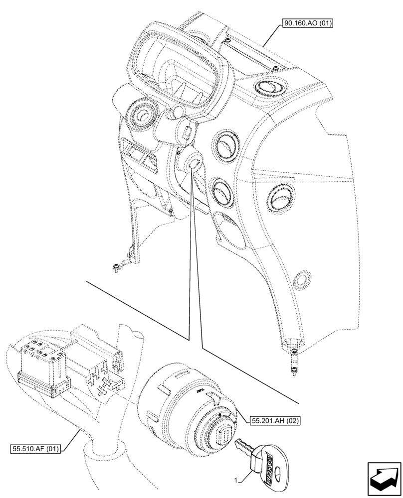Схема запчастей Case IH FARMALL 100C - (55.201.AH[05]) - VAR - 334183, 334211, 391606, 743496, 743573, 744588 - IGNITION KEY, CAB (55) - ELECTRICAL SYSTEMS