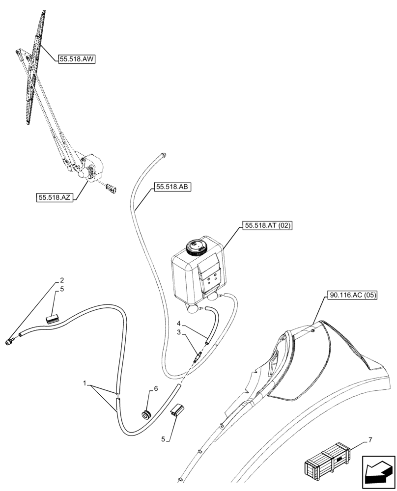 Схема запчастей Case IH FARMALL 100C - (55.518.AP[02]) - VAR - 334183, 744588 - WINDSHIELD WASHER , RESERVOIR, HOSE, DELUXE CAB (55) - ELECTRICAL SYSTEMS
