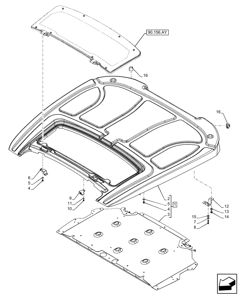 Схема запчастей Case IH FARMALL 120C - (90.150.BG[02]) - VAR - 334183, 334211, 743496 - CAB ROOF, W/ HIGH VISIBILITY PANEL (90) - PLATFORM, CAB, BODYWORK AND DECALS