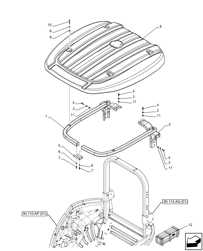 Схема запчастей Case IH FARMALL 120C - (90.114.AR[01]) - VAR - 334187, 334190 - CANOPY, W/O CAB (90) - PLATFORM, CAB, BODYWORK AND DECALS