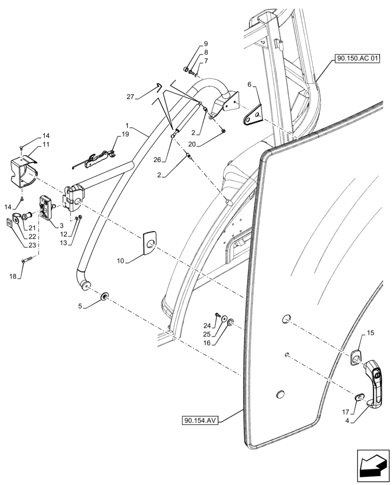 Схема запчастей Case IH FARMALL 130A - (90.154.AC) - VAR - 391610 - CAB DOOR, HANDLE (90) - PLATFORM, CAB, BODYWORK AND DECALS