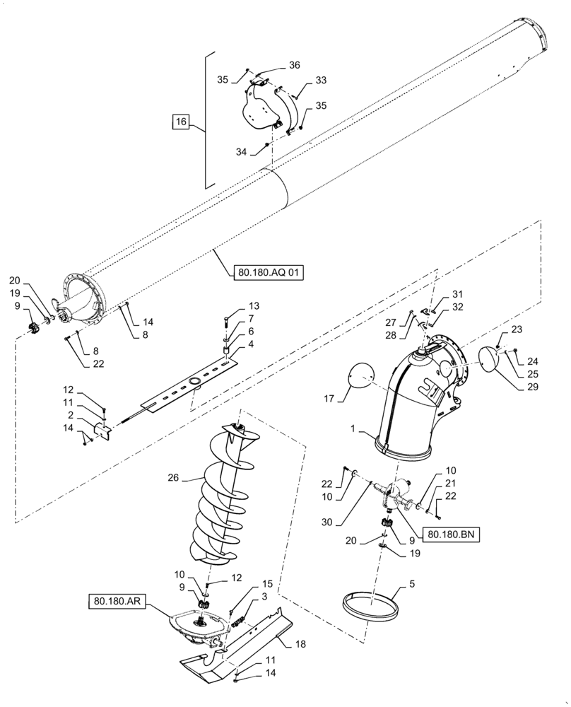 Схема запчастей Case IH 5140 - (80.180.AP[01]) - VAR - 425312, 425329, 722983, 425077, 425313, 425330 - UNLOADING TUBE & AUGER ASSY, STANDARD & EXTENDED WEAR (80) - CROP STORAGE/UNLOADING