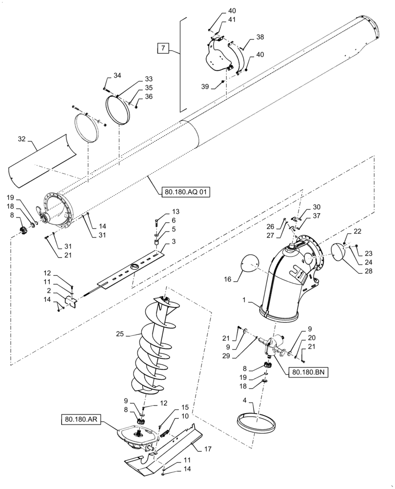 Схема запчастей Case IH 7140 - (80.180.AP[02]) - VAR - 425078, 425314, 722740 - UNLOADING TUBE & AUGER ASSY, PERFORATED (80) - CROP STORAGE/UNLOADING
