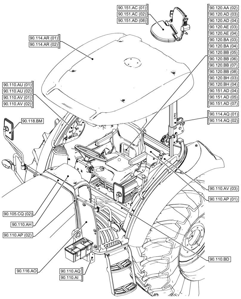 Схема запчастей Case IH FARMALL 120C - (90.000.00[02]) - SECTION INDEX - PLATFORM, CAB, BODYWORK & DECALS (90) - PLATFORM, CAB, BODYWORK AND DECALS