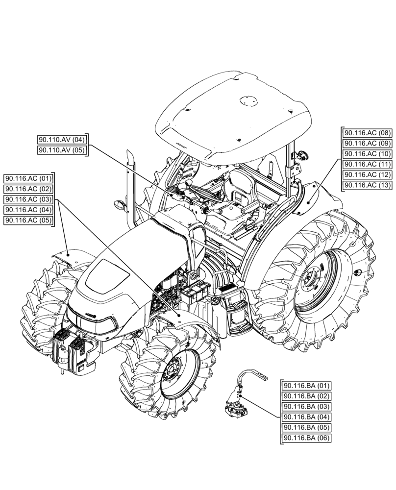 Схема запчастей Case IH FARMALL 120C - (90.000.00[04]) - SECTION INDEX - PLATFORM, CAB, BODYWORK & DECALS (90) - PLATFORM, CAB, BODYWORK AND DECALS