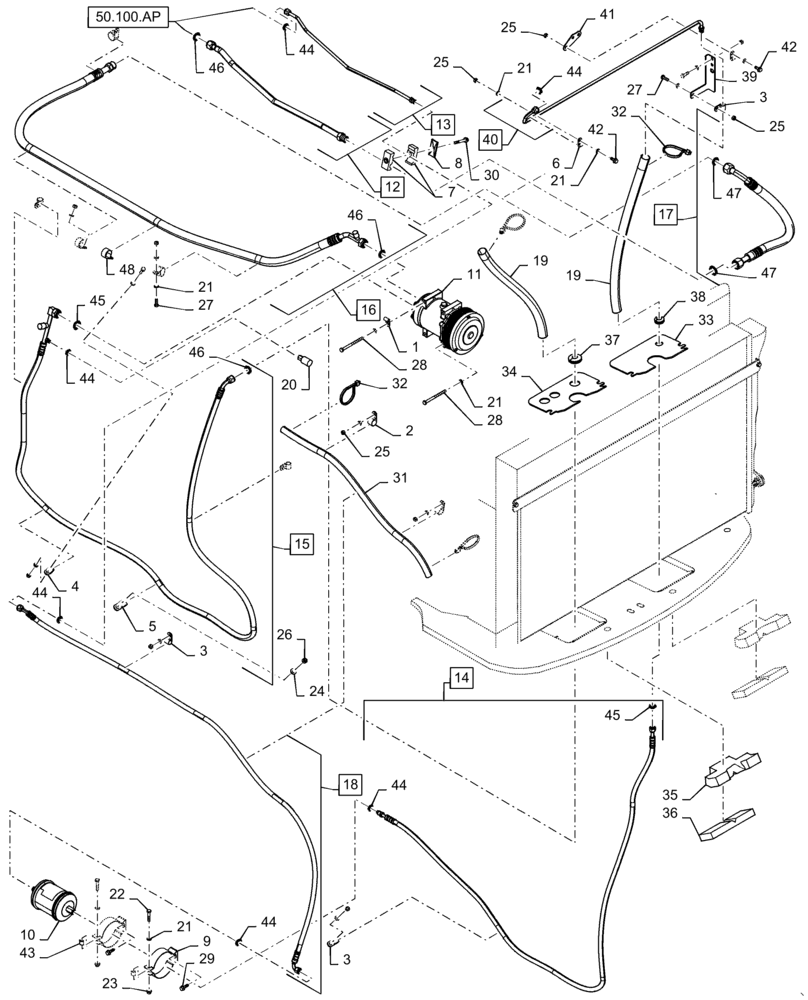 Схема запчастей Case IH QUADTRAC 580 - (50.200.BY[04]) - AIR CONDITIONER LINE, 540, 580, 620, BTWN ZEF303633 - ZFF308208 (50) - CAB CLIMATE CONTROL