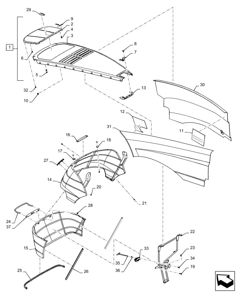 Схема запчастей Case IH MAGNUM 260 - (90.100.AU[03]) - HOOD, TILTING (90) - PLATFORM, CAB, BODYWORK AND DECALS