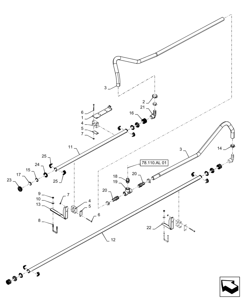 Схема запчастей Case IH PATRIOT 3340 - (78.110.AE[11]) - SPRAYBAR, 90, 6 SECTION, 20" SPACING, LH OUTER AND BREAKAWAY (78) - SPRAYING
