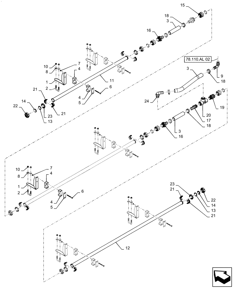 Схема запчастей Case IH PATRIOT 3340 - (78.110.AE[02]) - SPRAYBAR, 90, 5 SECTION, 20" SPACING, LH INNER, BSN YGT042519 (78) - SPRAYING