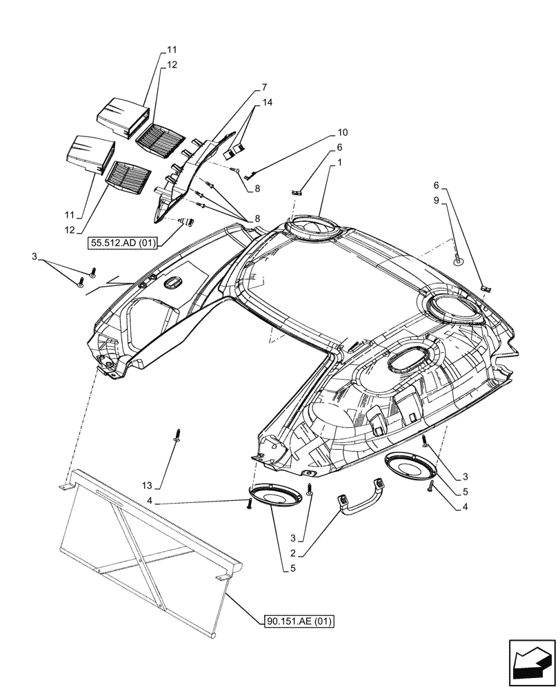 Схема запчастей Case IH MAXXUM 135 - (90.160.AX[01]) - VAR - 390825 - CAB HEADLINER, W/ HIGH VISIBILITY PANEL (90) - PLATFORM, CAB, BODYWORK AND DECALS