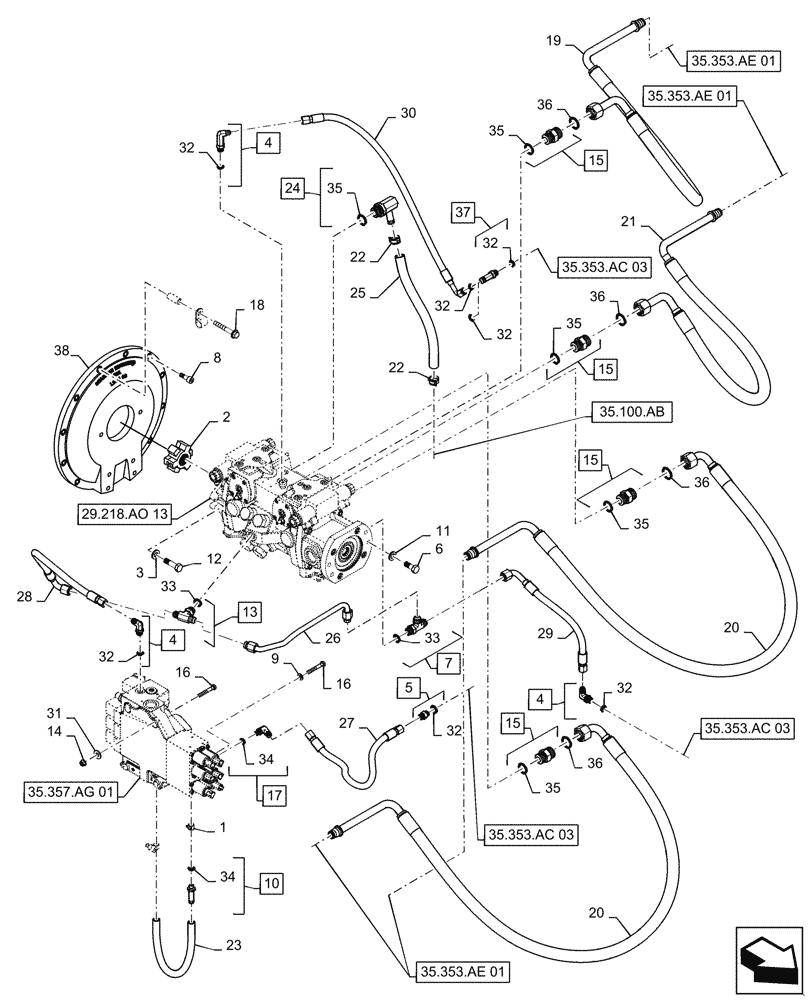 Схема запчастей Case IH TR340 - (29.204.AB[03]) - HYDROSTATIC PUMP, DRIVE LINES, E-H CONTROLS (19-NOV-2015 & PRIOR) (29) - HYDROSTATIC DRIVE