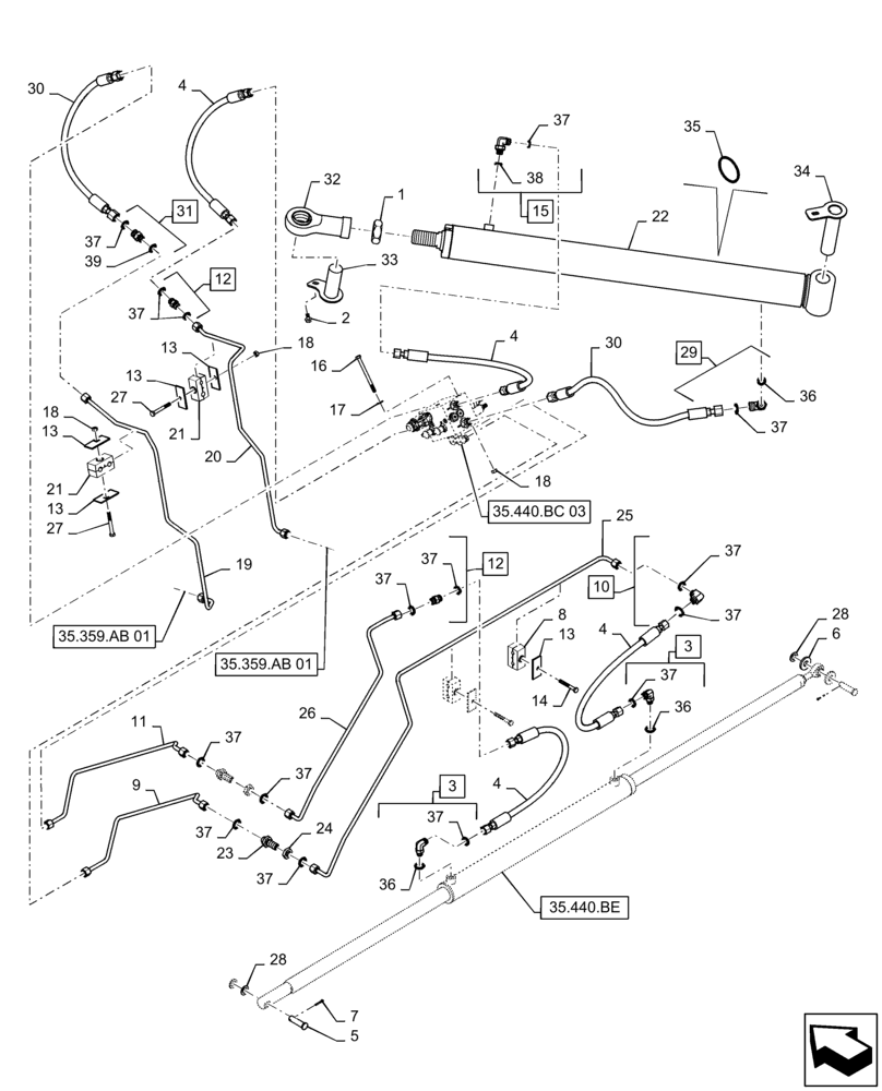 Схема запчастей Case IH 7230 - (35.440.AB[04]) - VAR - 425367, 425373 - HYDRAULIC SYSTEM, UNLOADING TUBE, EXTENSION, COVER (35) - HYDRAULIC SYSTEMS