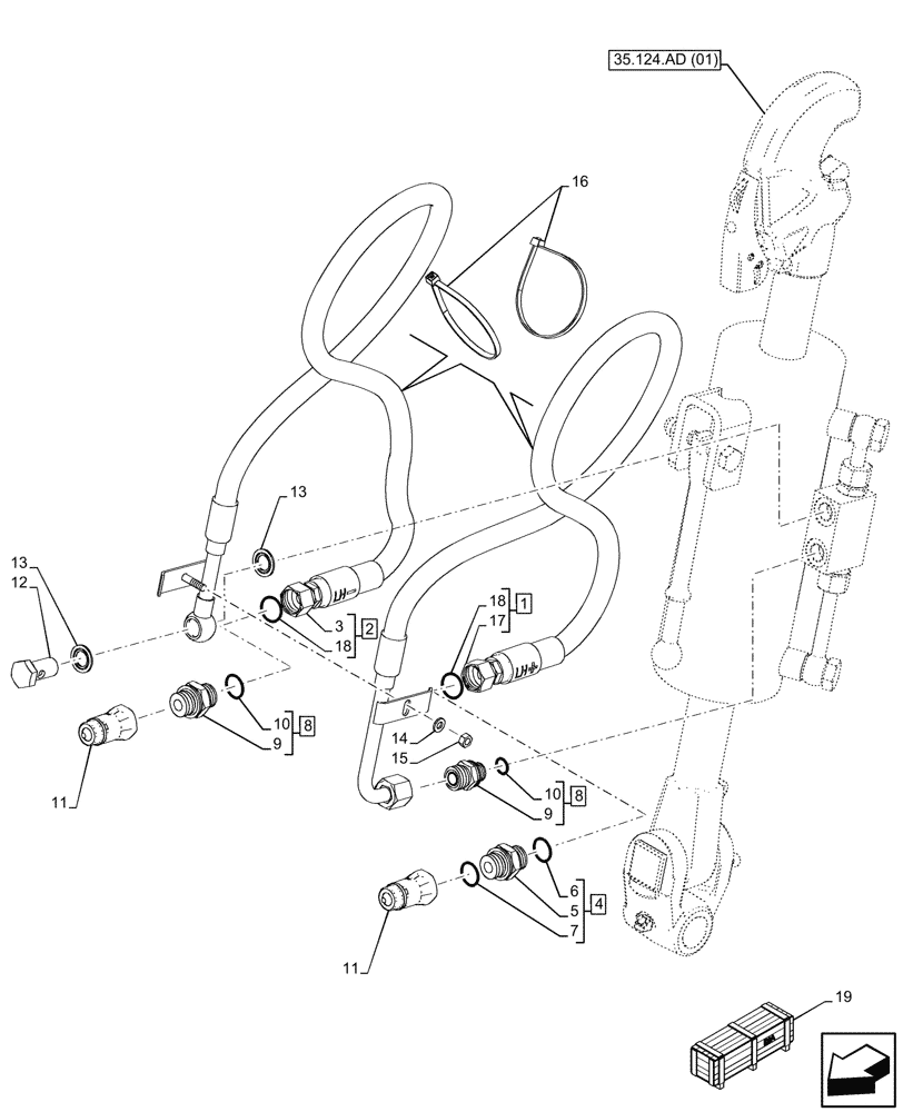 Схема запчастей Case IH MAXXUM 150 - (35.124.AE) - VAR - 758453, 758454 - 3 POINT HITCH, REAR, W/ HYDRAULIC TOP LINK, HOSE (35) - HYDRAULIC SYSTEMS