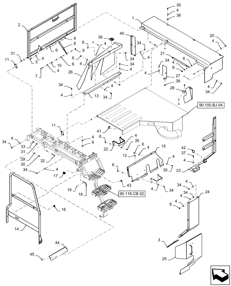 Схема запчастей Case IH 9230 - (90.105.06) - ENGINE COVERS AND LADDER, MID, 82/9230 T2/T4 (90) - PLATFORM, CAB, BODYWORK AND DECALS