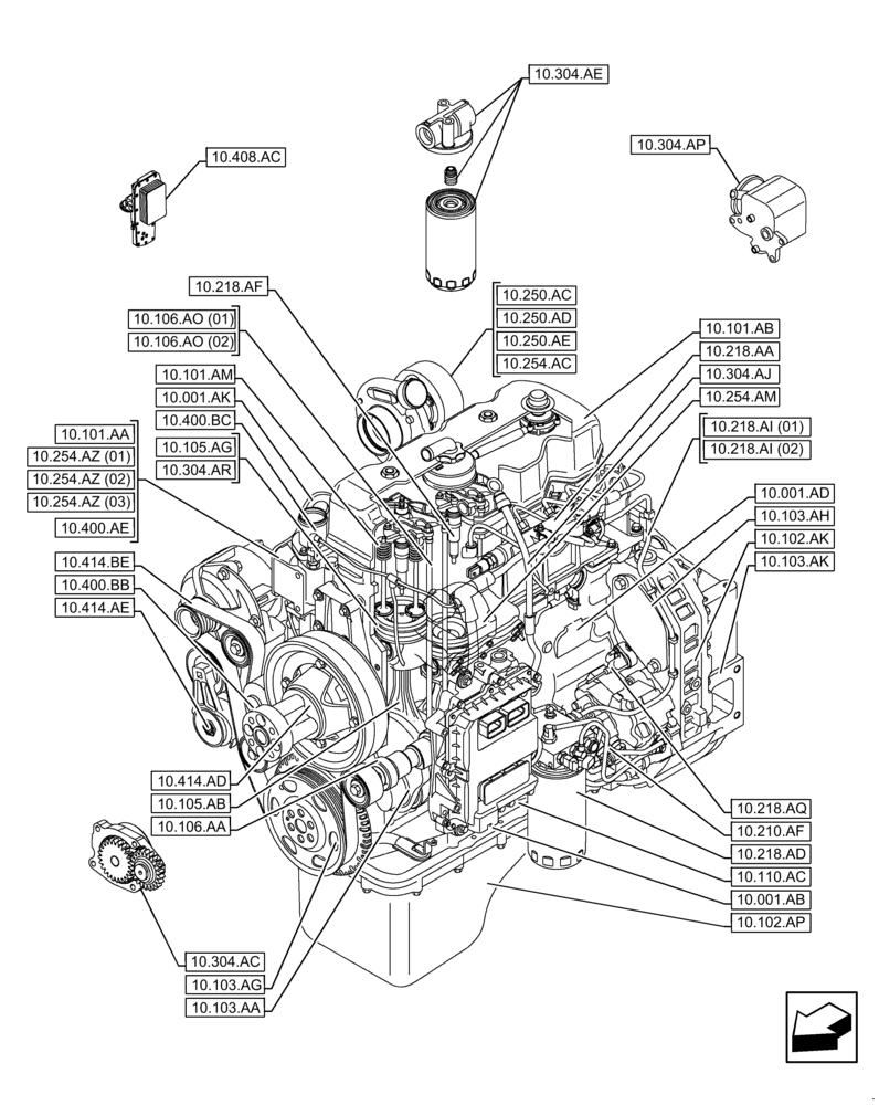 Схема запчастей Case IH F4HFE413Y B001 - (10.000.00) - SECTION INDEX - ENGINE (10) - ENGINE