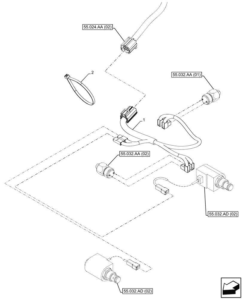 Схема запчастей Case IH MAXXUM 115 - (55.032.AC[02]) - VAR - 744785 - PNEUMATIC TRAILER BRAKE, HARNESS (55) - ELECTRICAL SYSTEMS