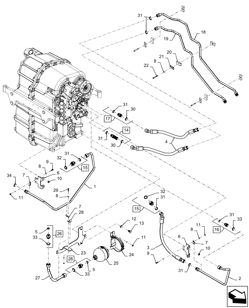 Схема запчастей Case IH QUADTRAC 500 - (21.105.BL[05]) - TRANSMISSION LUBRICATION LINES, FRONT, 470, 500 HD, 540 HD, ASN ZFF308001 (21) - TRANSMISSION
