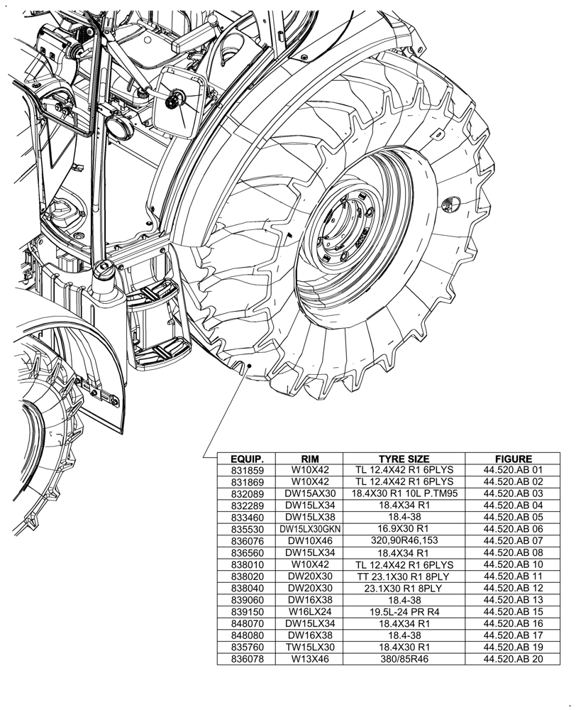 Схема запчастей Case IH FARMALL 110A - (00.000.44[02]) - PICTORIAL INDEX - REAR WHEELS (00) - GENERAL & PICTORIAL INDEX