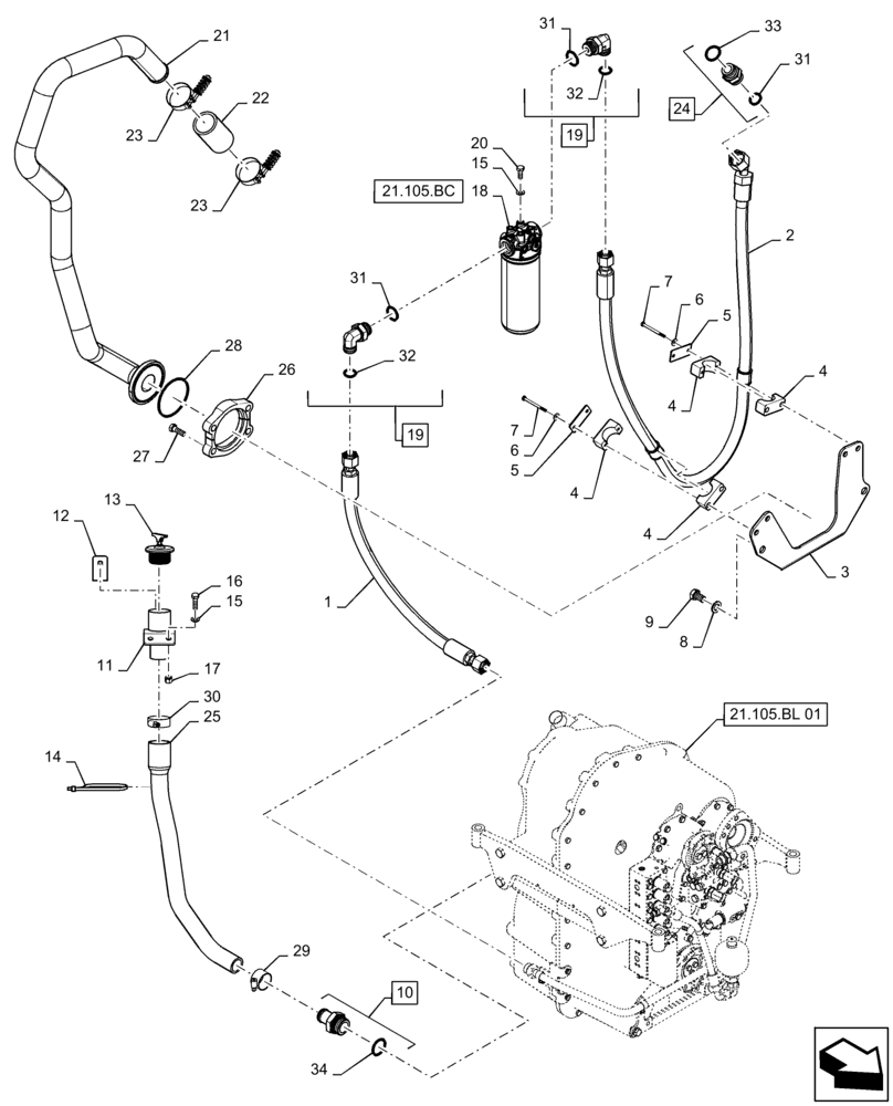 Схема запчастей Case IH STEIGER 370 - (21.105.BL[04]) - TRANSMISSION LUBRICATION LINES, REAR, PS4, ASN ZFF308001 (21) - TRANSMISSION