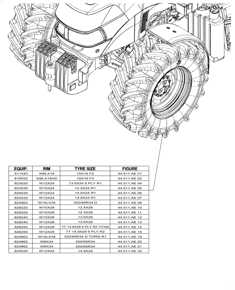 Схема запчастей Case IH FARMALL 110A - (44.000.00[01]) - PICTORIAL INDEX - FRONT WHEELS (44) - WHEELS