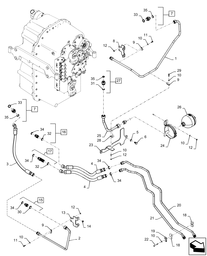 Схема запчастей Case IH QUADTRAC 620 - (21.105.BL[07]) - TRANSMISSION LUBRICATION LINES, FRONT, 500 SCRAPER, 540 SCRAPER, 580, 620, ASN ZFF308001 (21) - TRANSMISSION