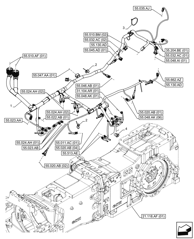 Схема запчастей Case IH MAXXUM 135 - (55.024.AA[01]) - VAR - 391828, 758441 - TRANSMISSION, HARNESS (55) - ELECTRICAL SYSTEMS