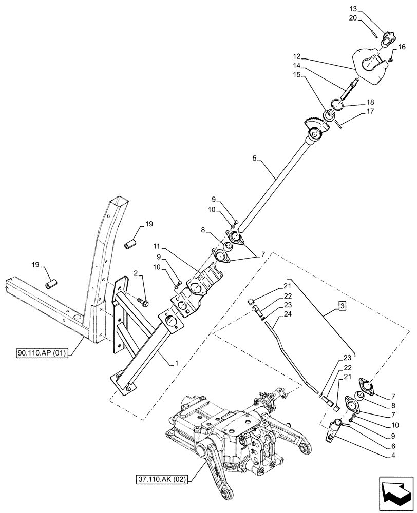 Схема запчастей Case IH FARMALL 100C - (37.108.AD[02]) - VAR - 332035 - HYDRAULIC LIFT, CONTROL LEVER, W/O CAB (37) - HITCHES, DRAWBARS & IMPLEMENT COUPLINGS